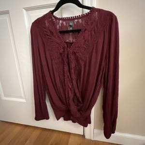 Maroon Lace Long Sleeve Wrap Top